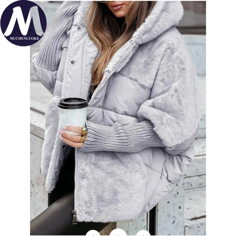 

Women's Elegant Hooded Winter Jacket Thickened Warmth Casual Loose Short Parka Korean Fashion Splice Warm Coat for Ladies