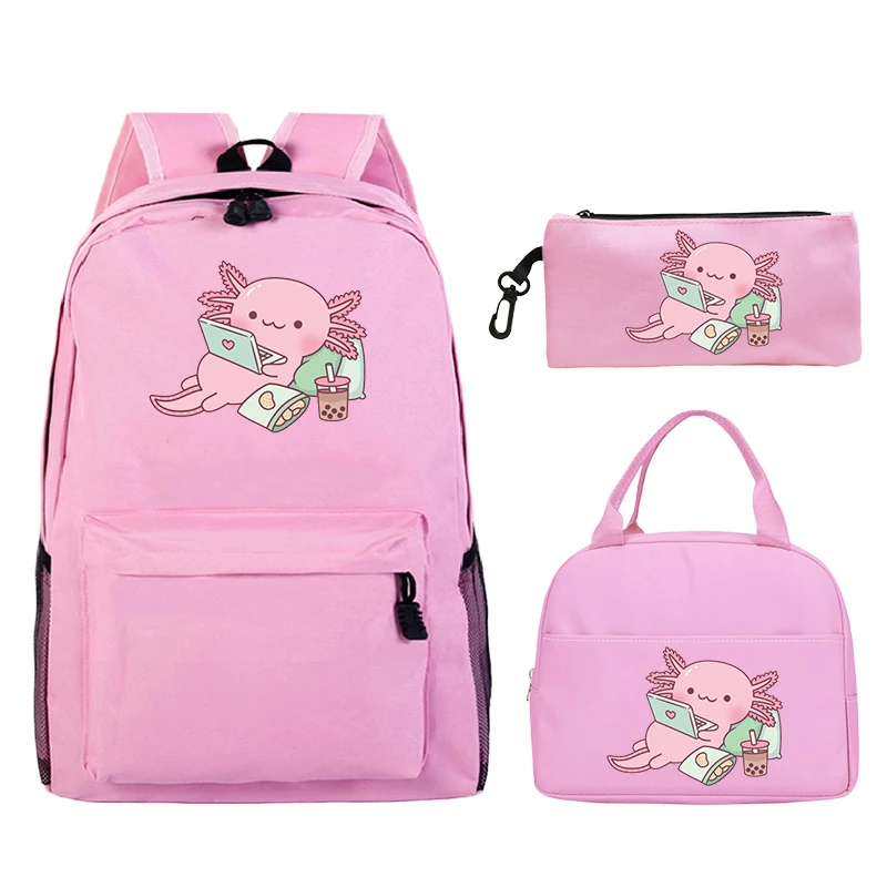 Funny Axolotl Printed School Bags 3pcs Set Primary School Students Bookbag Boys Girls Backpack With Lunch Bag Pencil Case Set