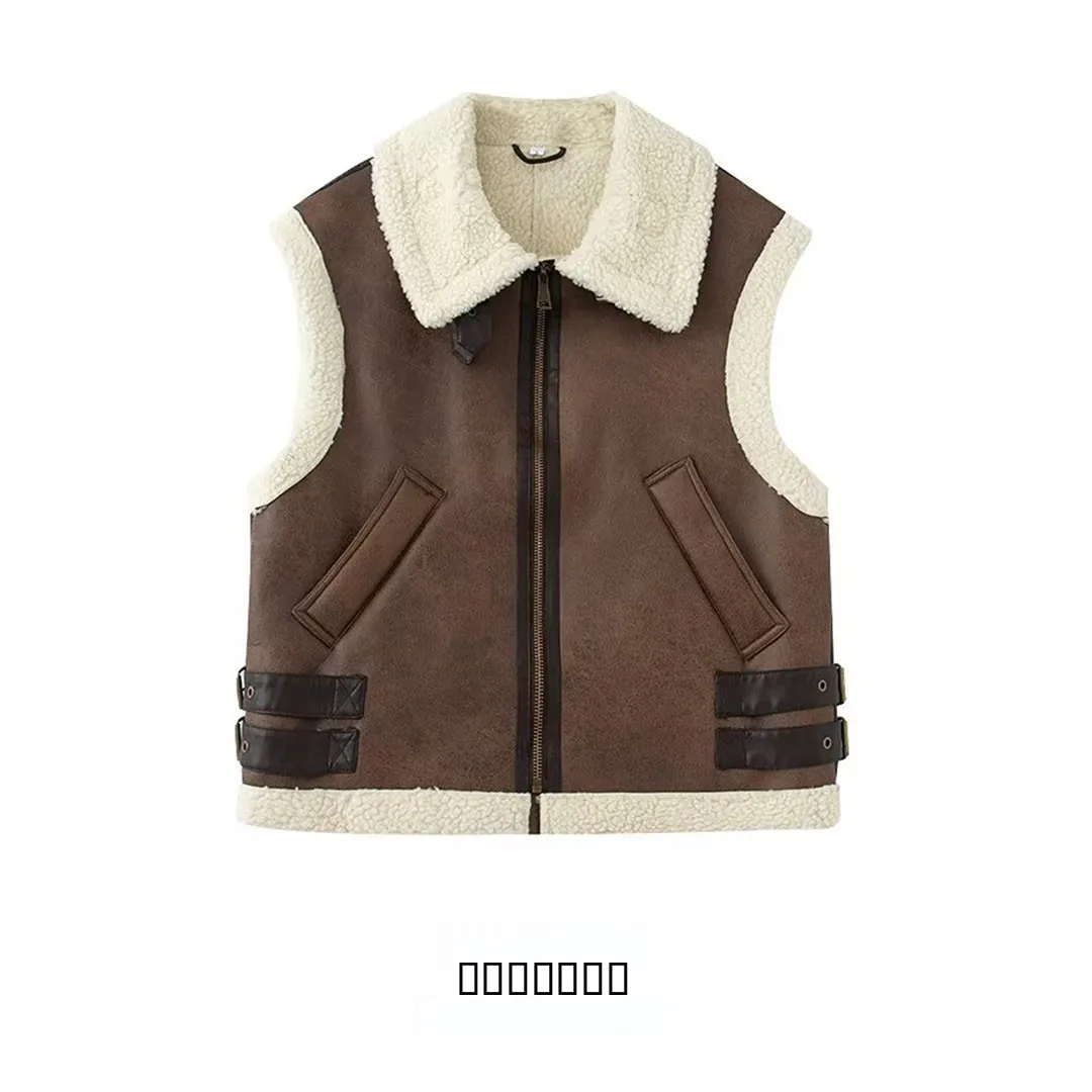 KASLEAD nouveau gilet de fourrure en cuir Faion Fce pour femmes Svel Patchwork rue Sle fermeture à glissière couleur Polyester
