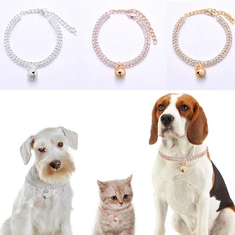 Double Layered Zircon Collar for Dogs Rose Golden Adjustable Pet Cat Neck Accessories Ring Bell Kitten Chain York Dog Collar