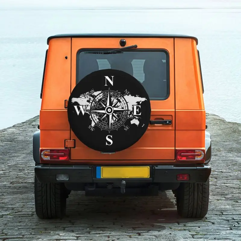 Custom Compass With World Map Spare Tire Cover for Pajero Jeep RV SUV Camper Car Navigate AdventureWheel Protector Covers