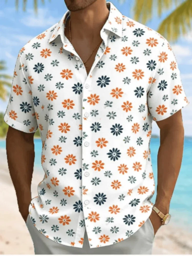 Spring and Summer Men's Orange Blue Daisy Print Short Sleeved Shirt Casual Vacation Loose Top