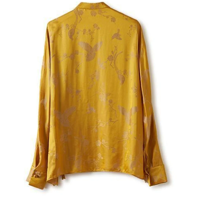 Yellow Print Fake Silk Women Shirts 2024 Summer Vintage Chinese Style Office Lady Work Blouse Disc Buckle Loose Blause Top KN370