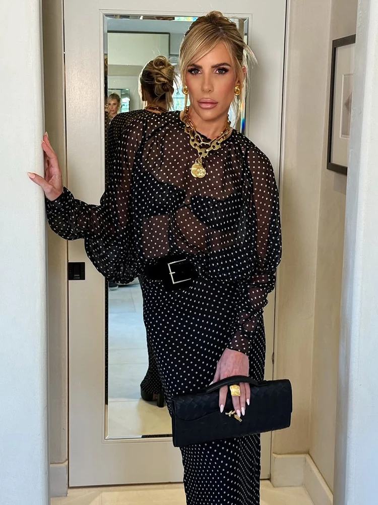 

Sheer Black Polka Dot Maxi Dress – Elegant See-Through Mesh Long Sleeve Dress with Slim Fit Skirt Temperament Outfits for Women