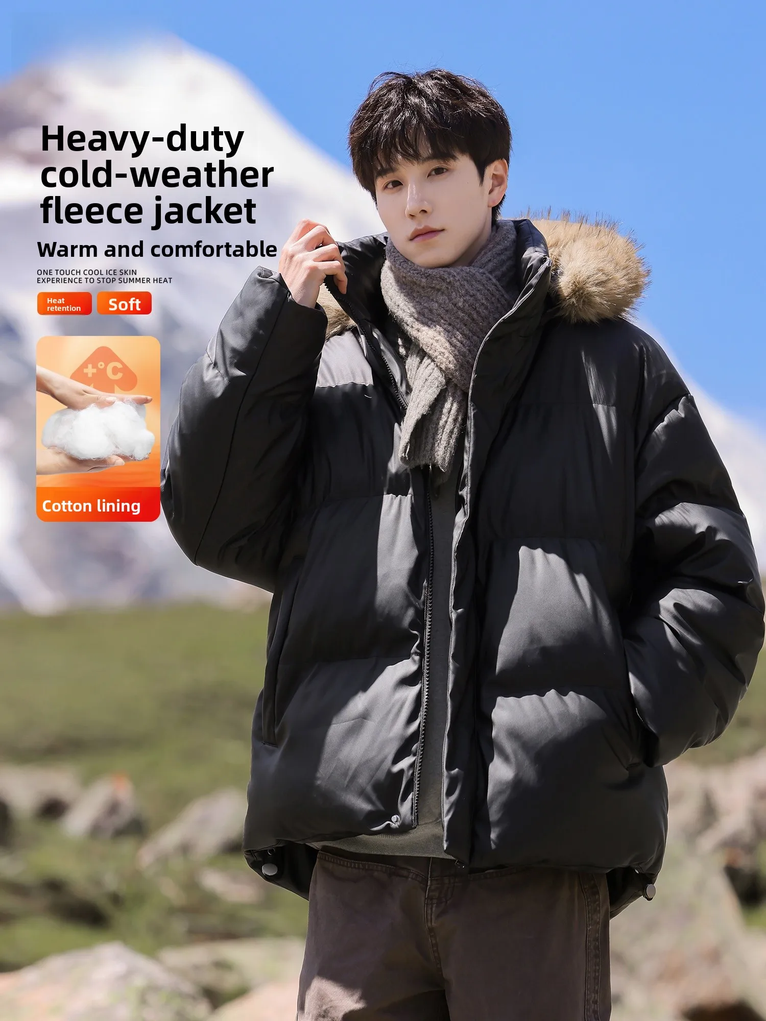 

Warm Thiened PU Leather Cotton Jaet for Men with Removable Fur Collar Youth Faion Winter Coat Long Sve Zipper Closure