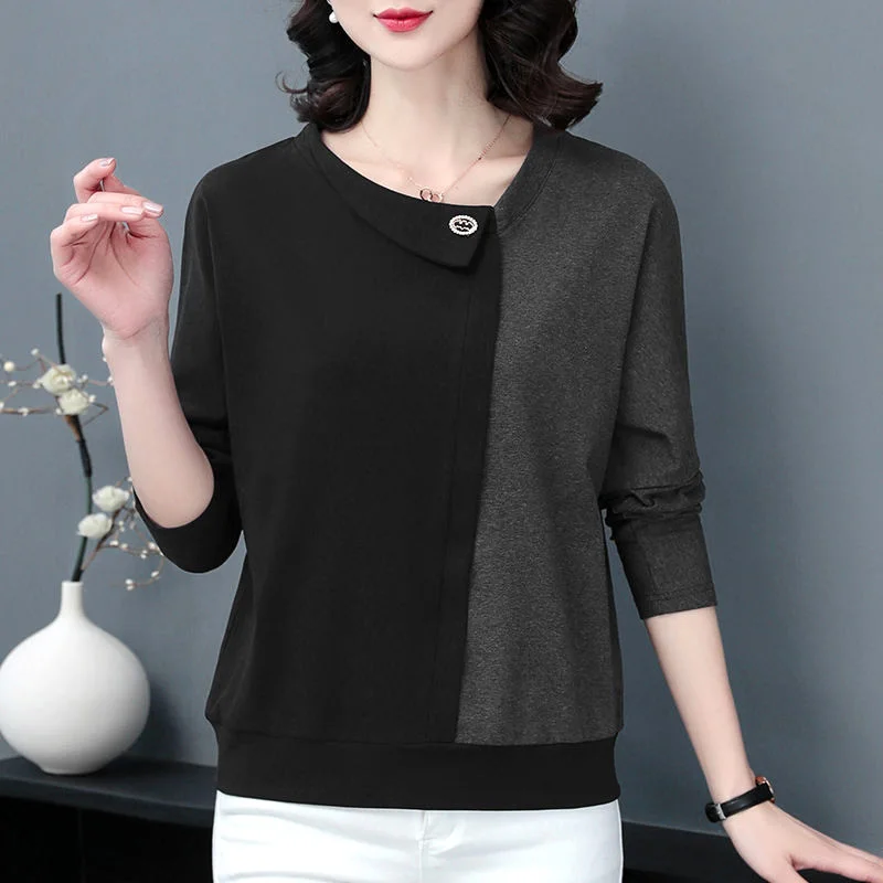 Office Lady Fashion Casual Patchwork Color Skew Collar Skinny Long Sleeved T-shirts Elegant Comfortable Wild Top Women Clothing