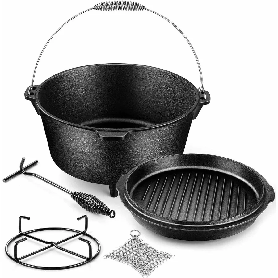 

Preseasoned Cast Iron Dutch Oven Set 7.6QT Pot 2QT Lid Camp Dutch Pot Griddle Skillet Includes Lid Lifter Iron Stand Cleaner Fo