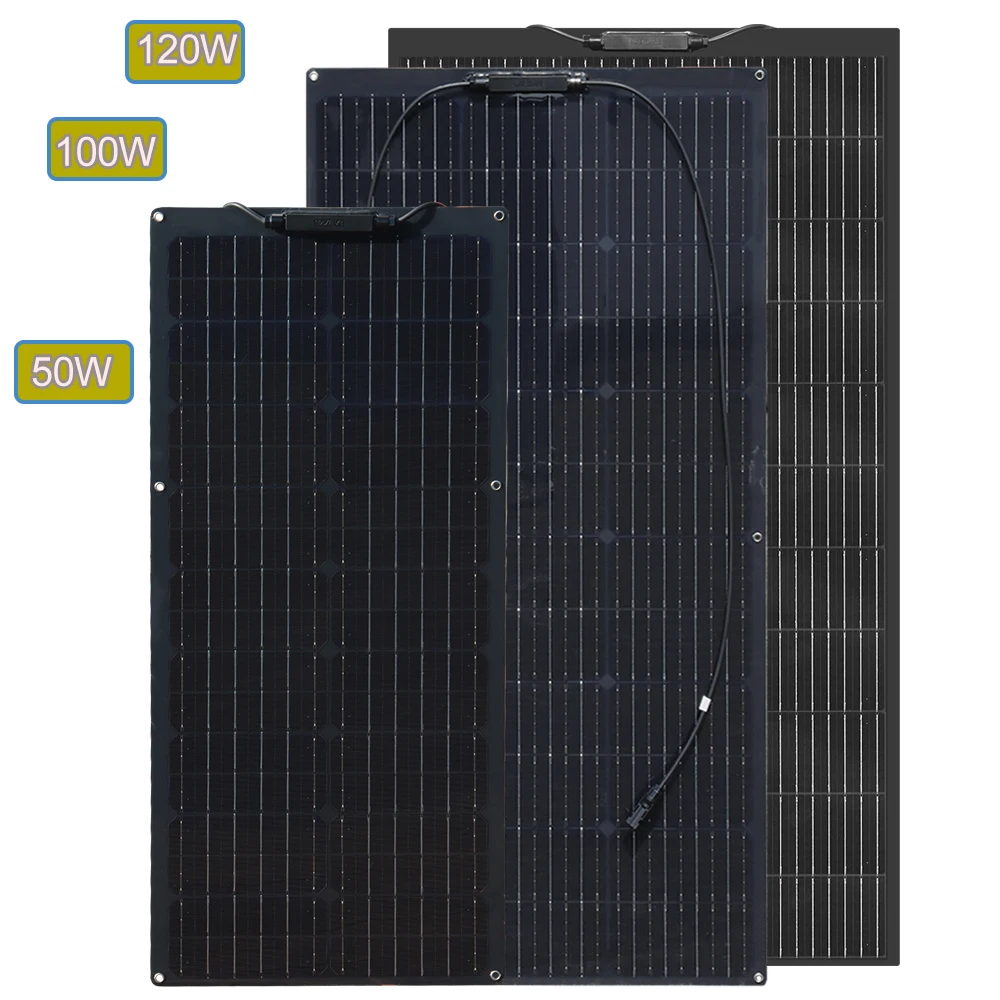 18V Flexible Solar Panel 50W 100W 120W Monocrystalline 12 Volt PV Panel Solar Charger for Light Home Lithium Lead Acid Battery