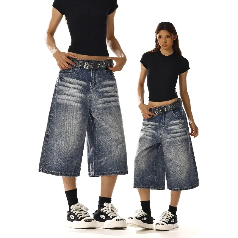 

Rustic Cotton Denim Shorts Women's Summer New American Street Loose Wide Leg Slimming Straight Tube Mid-Length Pants