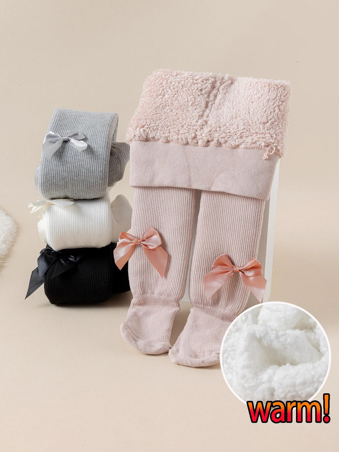 1 Pair of Children's Leggings with Silk Satin Bowknots, Thick Casual Winter Warm Tights for 6-36 Months Baby Girls