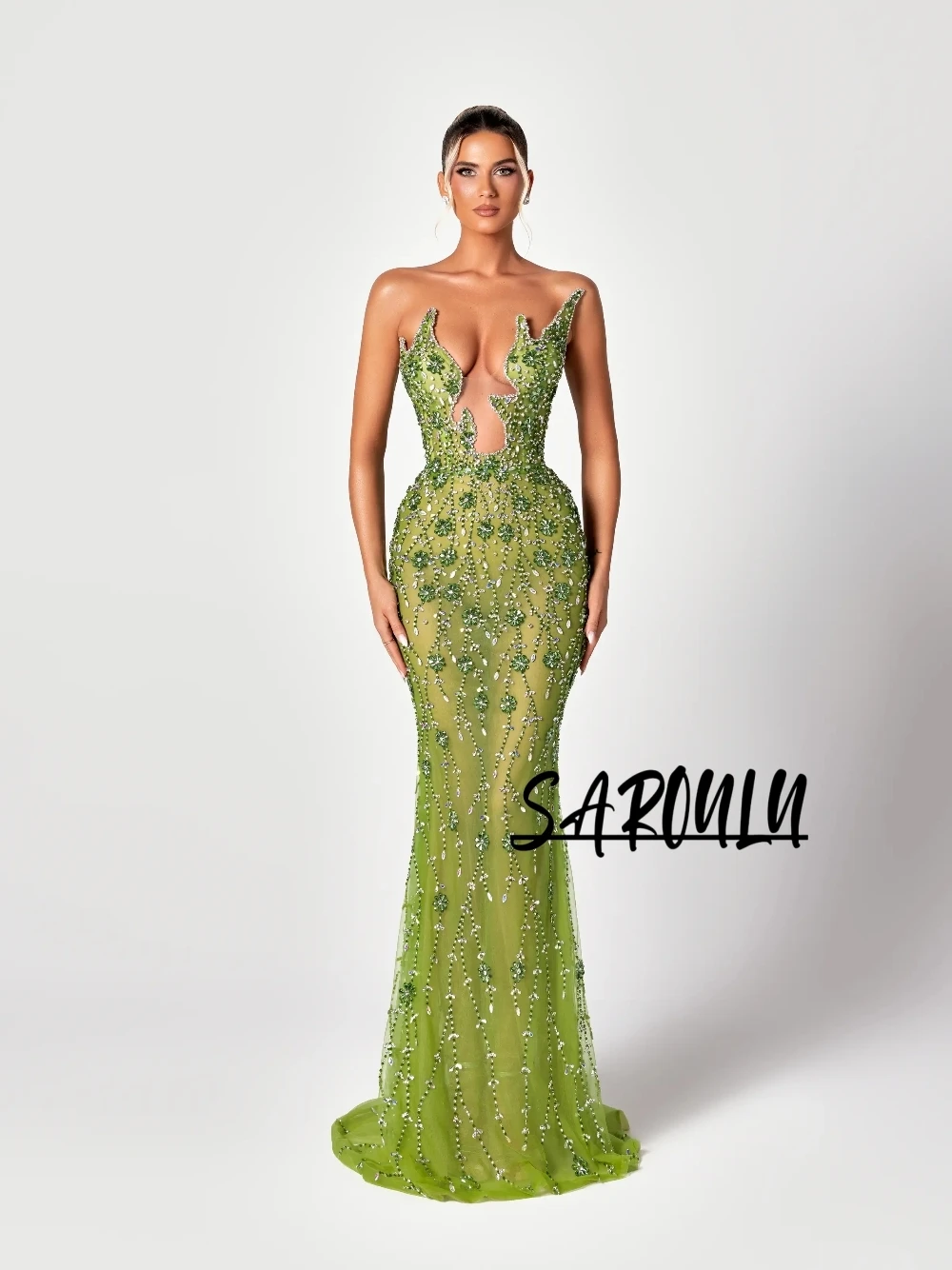 

Green Richly Rhinestones Mermaid Evening Dress Customized Chic Corset Shimmering Party High-end Formal Occasions Cocktail Gown