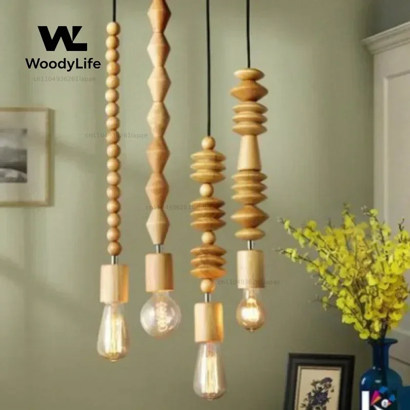 Retro style pendant lights Oak wooden geometric beads pendant lamp dinning room droplight hanging Light Fixture