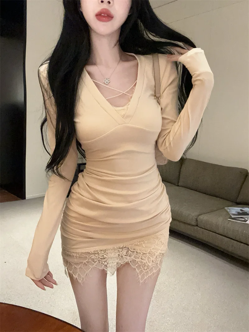 

Pure Desire V-neck Lace Splice Short Wraparound Skirt Women's Slimming Crossed Banding Sexy Dress Korean Style Commute