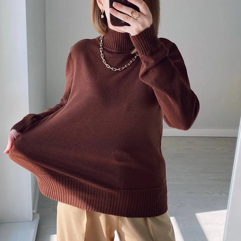 Turtleneck Solid Sweater Women Fashion New Stretch Tops Knitted Pullovers Long Sleeve Bottoming Knitted Simple Chic Clothes