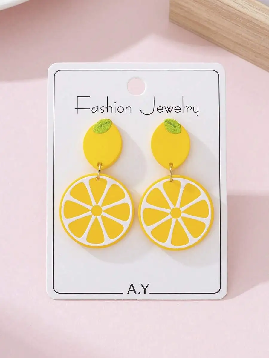 

Vibrant Lemon Slice Acrylic Drop Earrings For Women, Summer Beach Style Fashion Jewelry With Green Leaf Accent