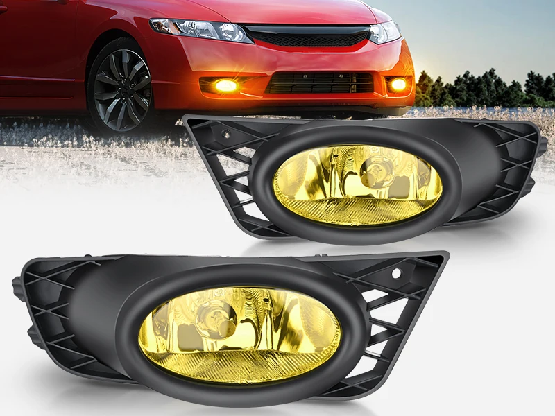 Nilight Fog Light Assembly Compatible with Honda Civic Sedan 2009 2010 2011 4 Door with Amber Lens Lamps Replacement H11 12V 55W Bulbs
