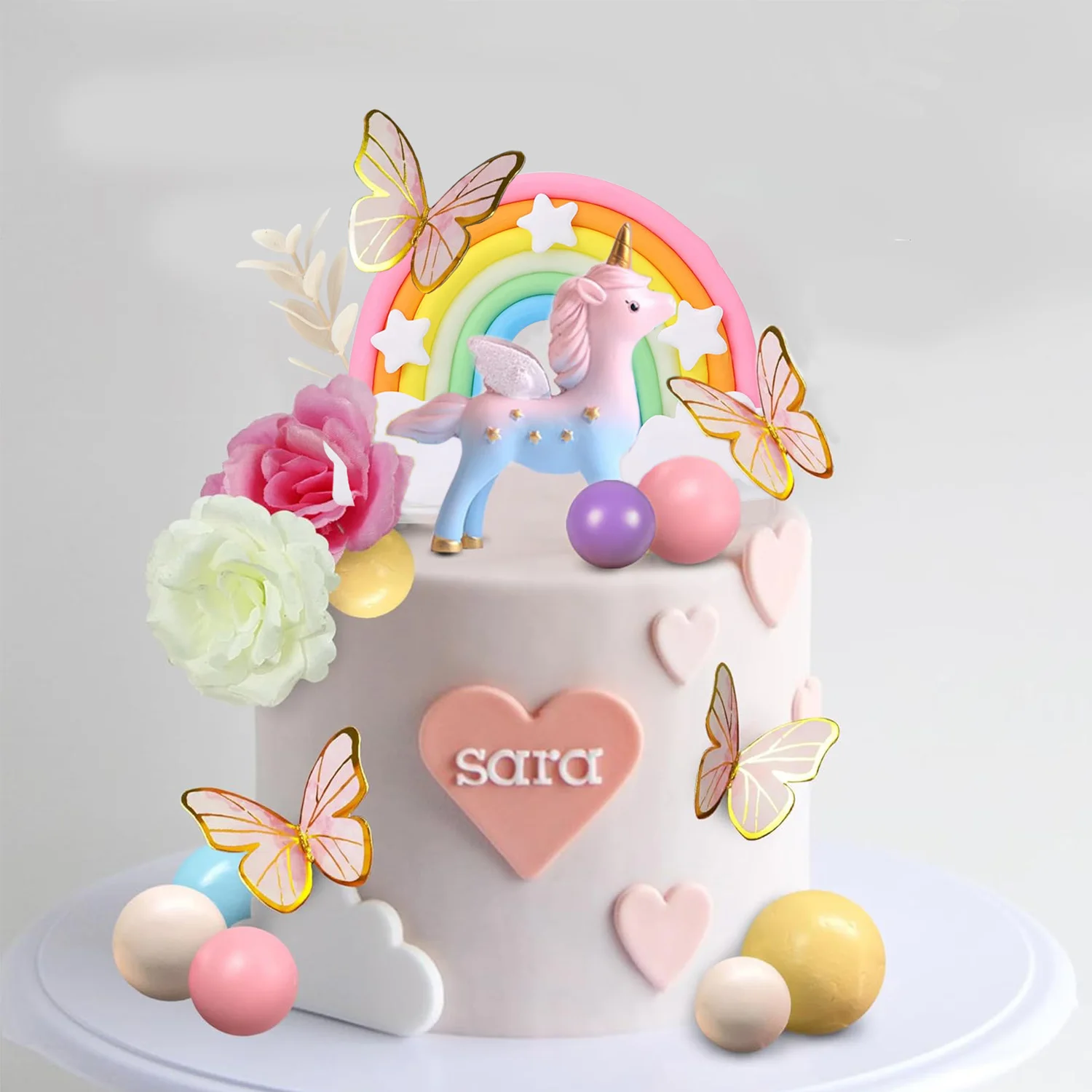 47 Uds. Adorno para tarta de unicornio, decoraciones para tarta de arcoíris con mariposas, bolas de unicornio, decoración para tarta de cumpleaños para niños y niñas