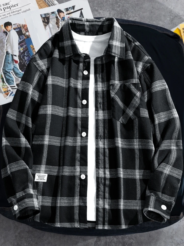 Oversized 9xl 8xl Plaid Shirts Men Long Sleeve Single Breasted Cotton Shirt Korean Style Vintage Streetwear Large Size Clothing