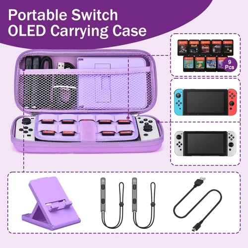 Imagen 2 del producto Kit de almacenamiento Switch OLED/LITE/NS Estuche para interruptor y tapas para pulgar Bolsa de viaje portátil impermeable para consola de interruptores y J-Con (púrpura)