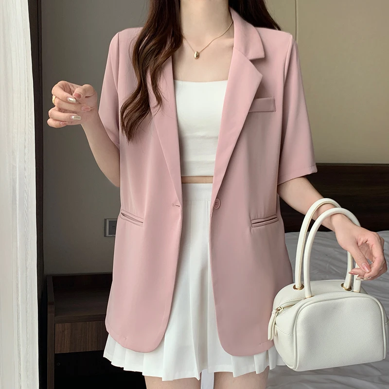 Imagem -05 - Estilo Coreano Blazer Fino para as Mulheres Chique Casual Cor Sólida Manga Curta Solto Entalhado Único Botão Verão