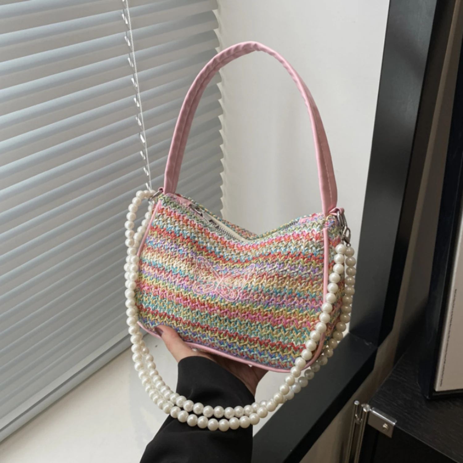 

Woven Mini Shoulder Bag With Embroidery, Faux Pearl Chain Handbag, Straw Underarm Purse