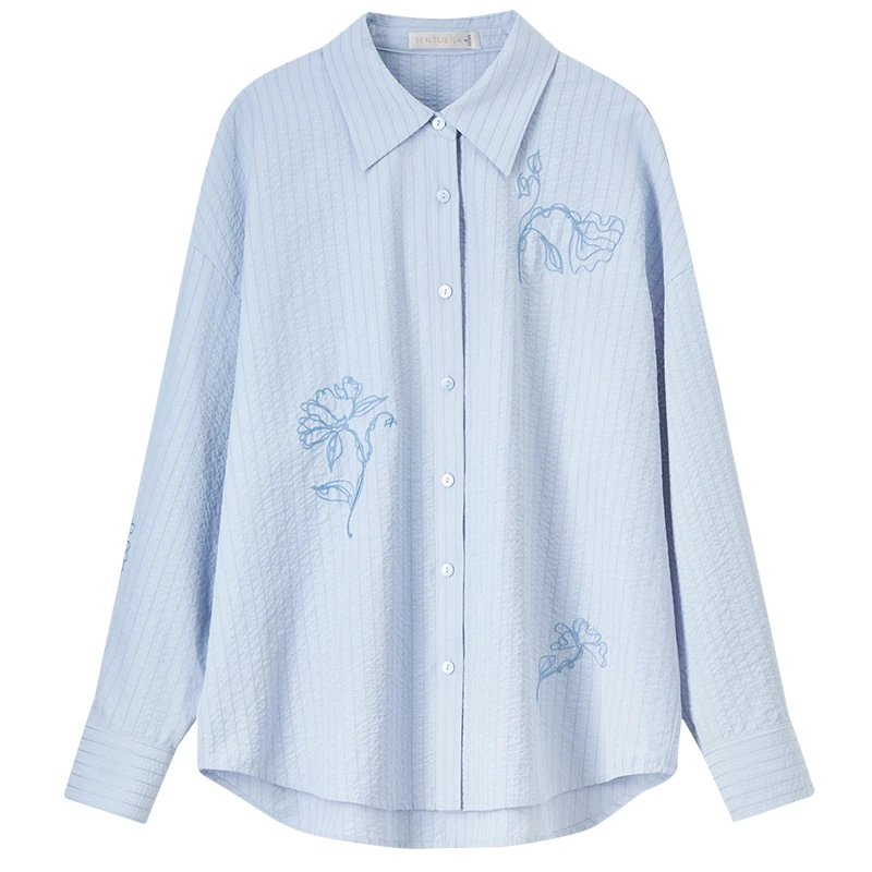 SENTUBILA Commuter Simple Stripe Shirts Women 2025 Autumn Long Sleeve Loose Blouse Flower Embroidery Female Clothing 151C58138