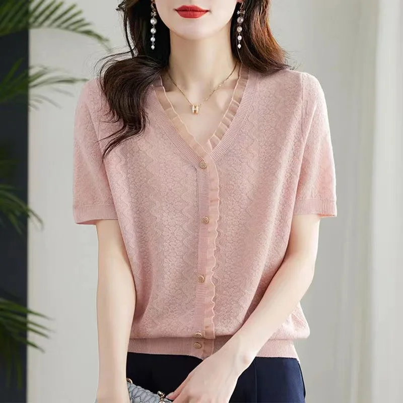 Women Summer Fashion Ruffle Lace Patchwork Elegant Ice Silk Thin Kintted T Shirt Female V Neck Short Sleeve Solid Slim Chic Tops