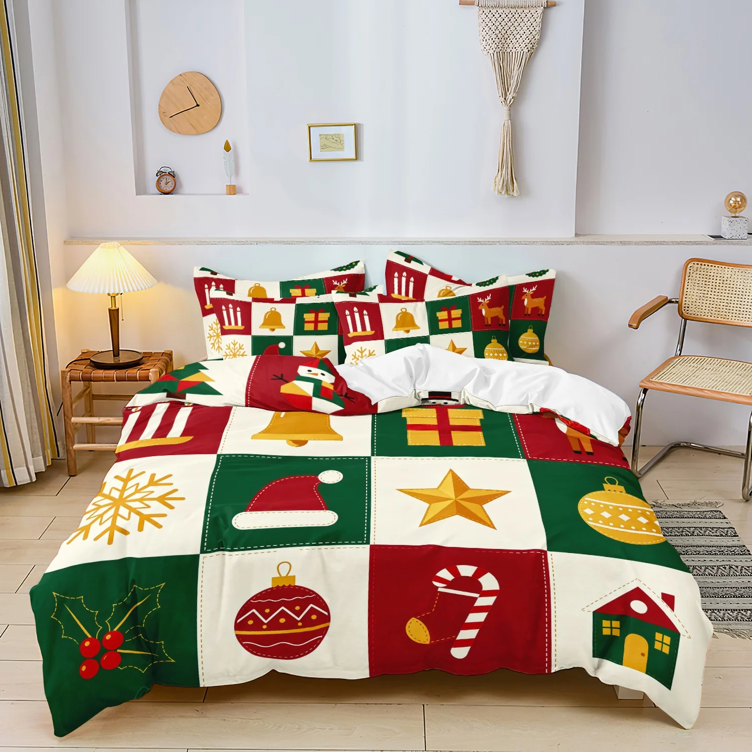 3Pcs Christmas Hat Bells Snowflakes Ornaments Print Duvet Cover Set, Geometry Red Green Block Grid Candy Canes Print Bedding