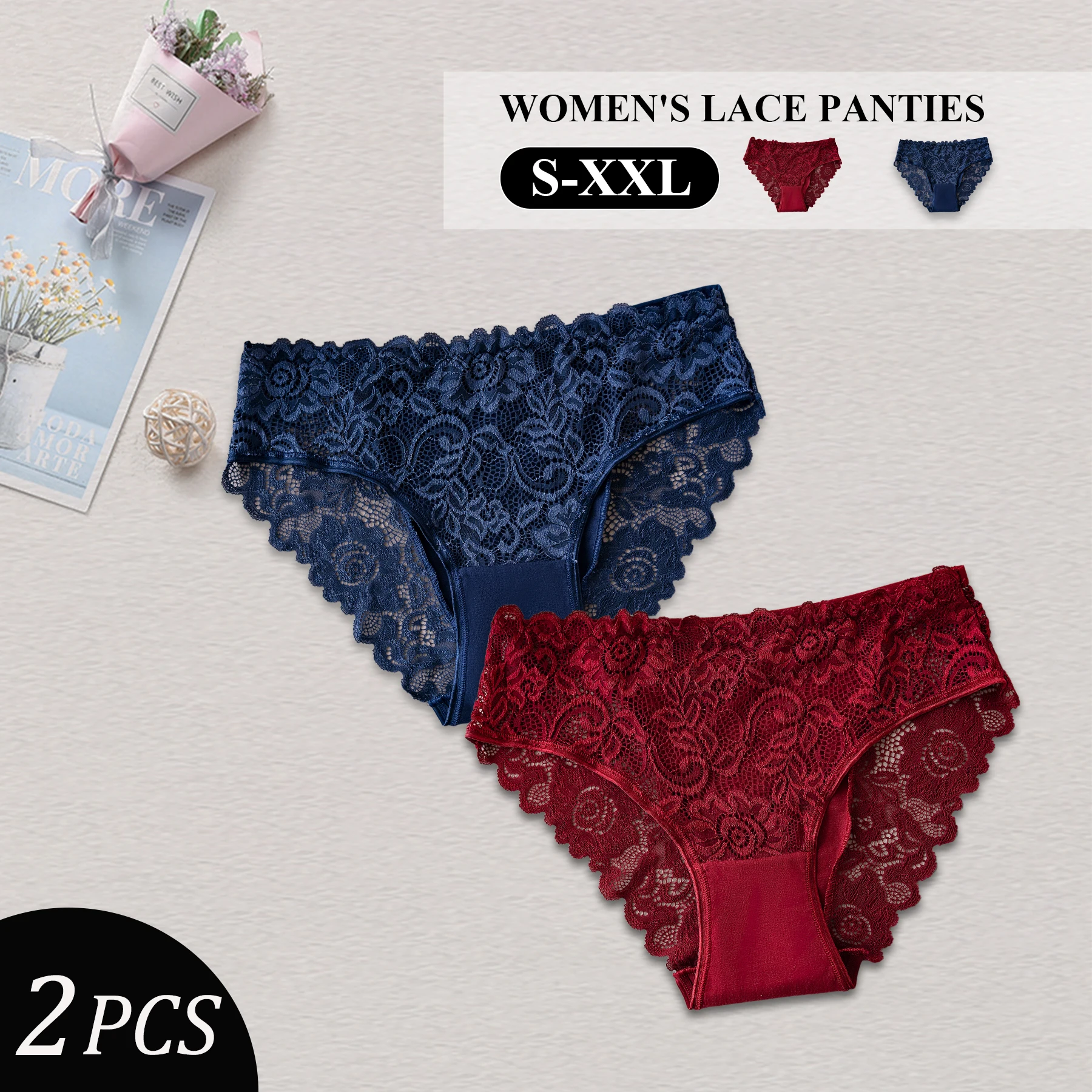 2PCS Sexy Hollow Out Floral Lace Cotton Patchwork Panties for Women Red Blue Solid Color Briefs Hot Selling Female Underwear