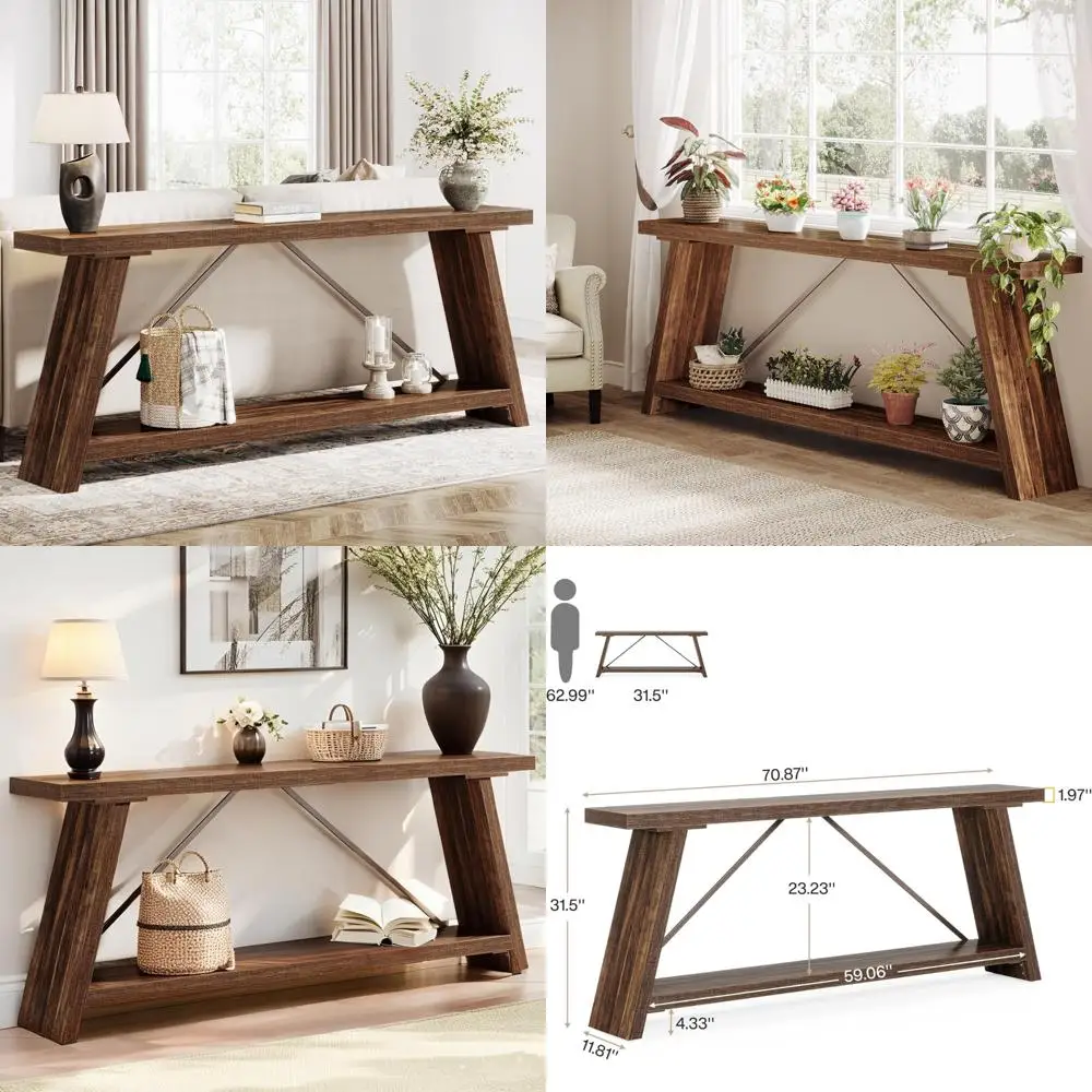 طاولة أريكة طويلة جدًا مقاس 70.9 بوصة مع مساحة تخزين لخلف الأريكة، وطاولة وحدة تحكم على الطراز الصناعي لمدخل المدخل والمعيشة #1