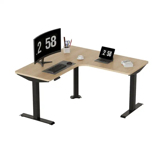 l Shaped Electric Height Adjustable 90 Degree Corner Office Desk with 3 Legs Sit Stand Table