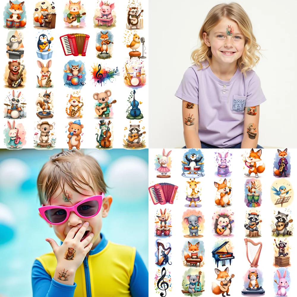 

54 шт., временные татуировки, животные, музыканты, персонажи мультяшных инструментов, временные татуировки, наклейки для детей, щеки, мальчиков