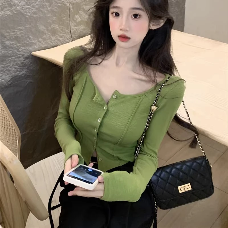 Shirts Women Chic Solid Slim Fit Korean Fashion Streetwear Casual Ins Autumn Daily Knitted Long Sleeve Cropped Trendy Mujer Y2k