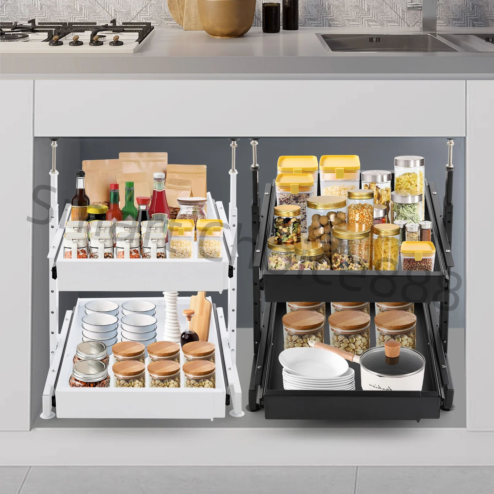 

Pull-Out Pantry Organizer Multi-Tier Under Sink Sliding Cabinet Basket for Spices Utensil Organizer Blank/White