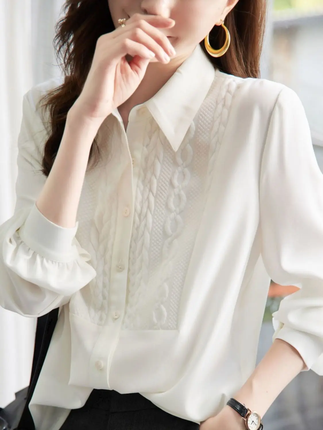 2024 New White Long Sleeved Patchwork Design High-end Niche Temperament Shirt for Women Early Autumn New White Shirt for Women