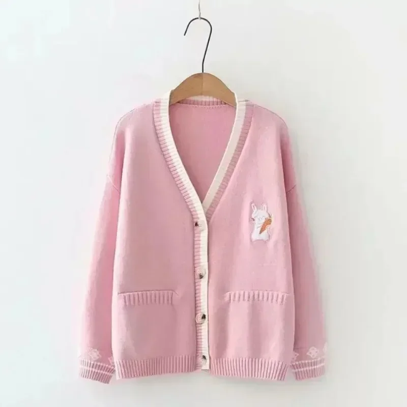 Autumn Korean Mori Girl Sweet Sweater Lolita Cute Bunny Embroidery Knitted Top Japanese Women Long Sleeve Cardigan Coat Knitwear