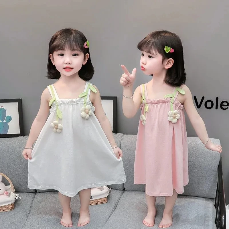 Simple Cute Style Girls Nightwear Summer Thin Solid Color Slip Dress Air Conditioned Clothing Children's Home Clothing Pajamas