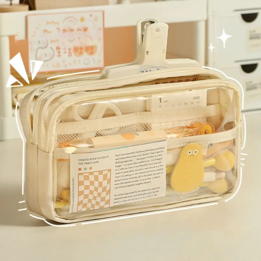 

High Quality PU Leather+PVC Pen Bag Five-Layer Large Capacity Pencil Case Transparent Portable Pencil Box School Office