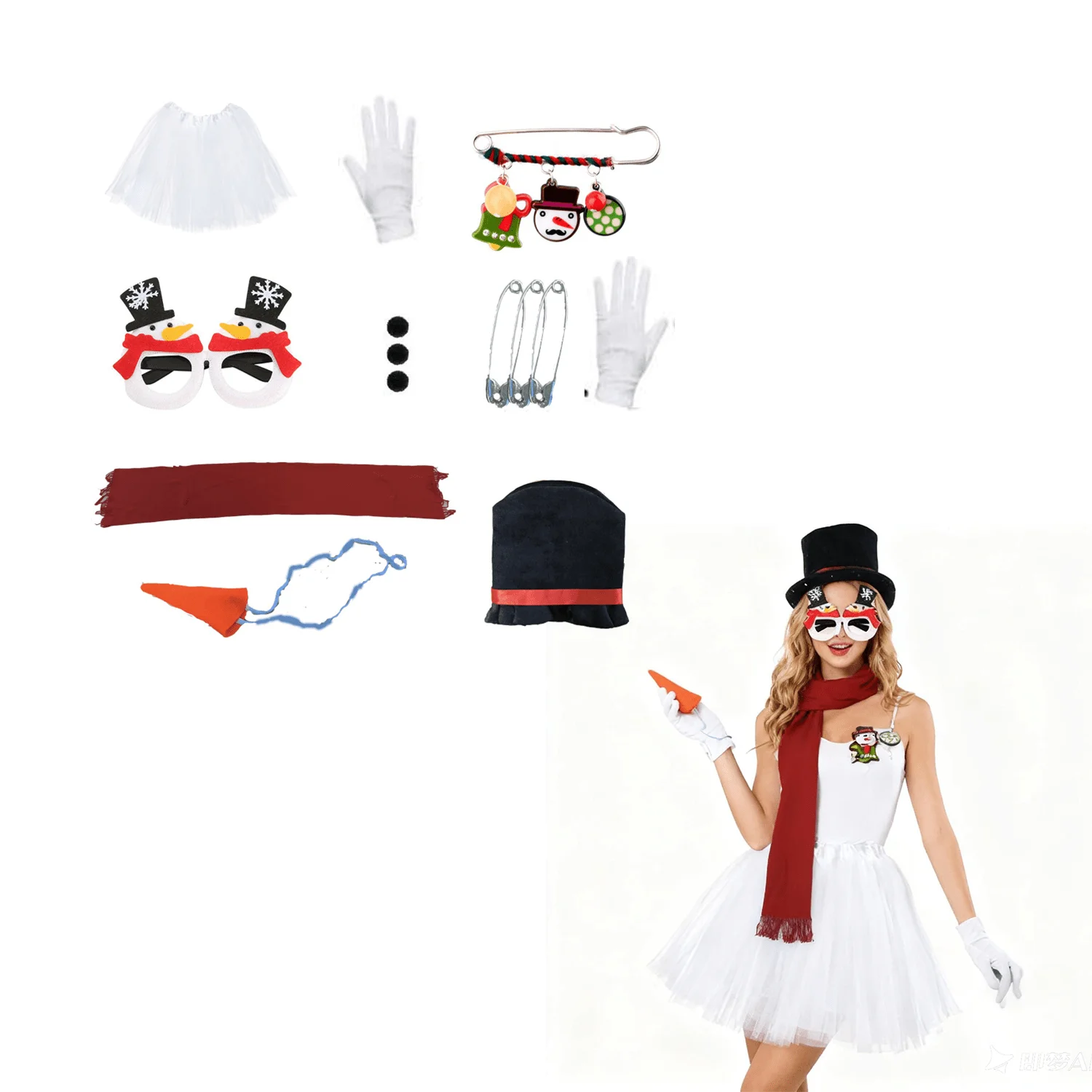 

PESENAR Christmas Costumes for Women, 7 Pcs Adult Snowman Costume Kit Tutu Skirt Scarf Hat Gloves Fake Carrot Nose for Women