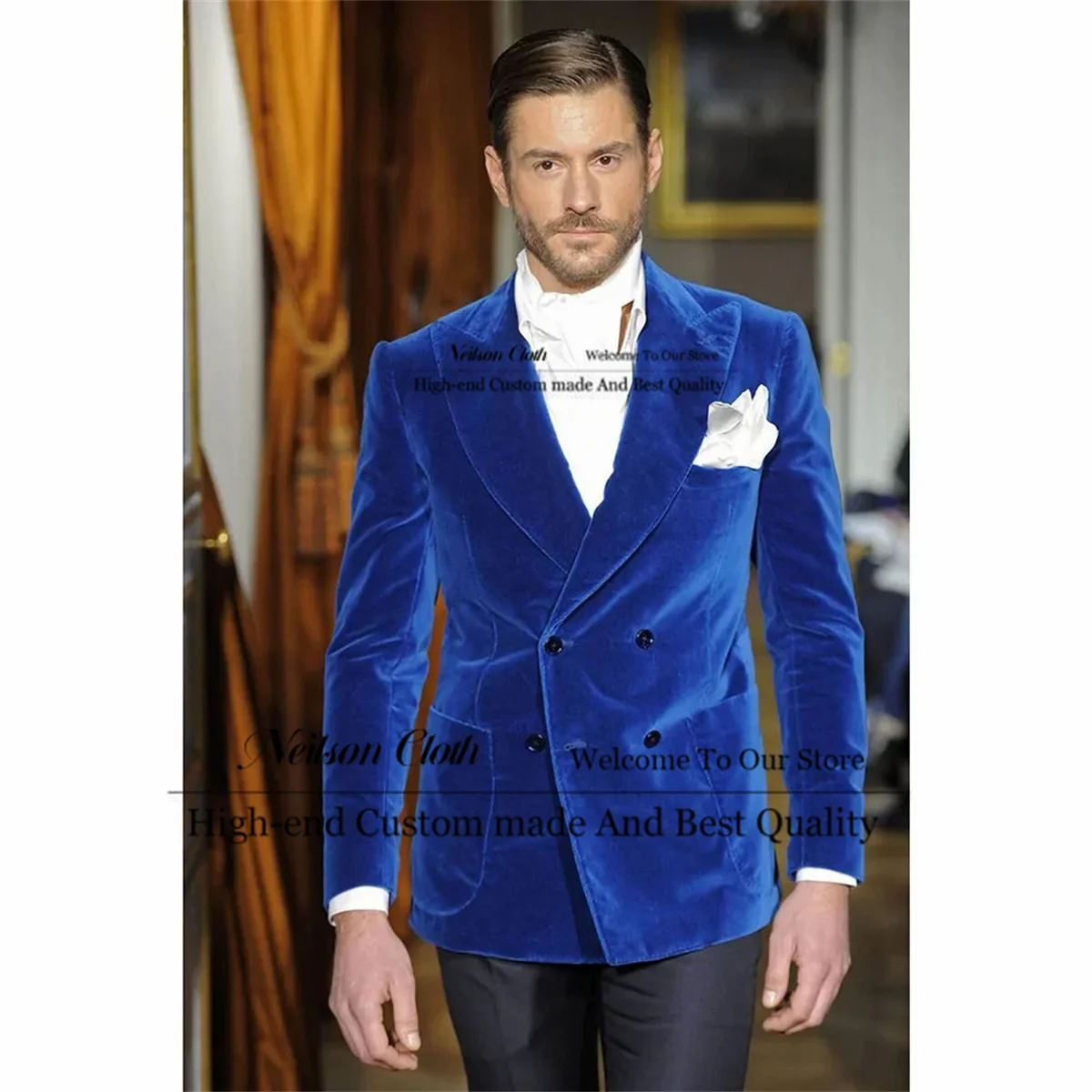 

Blue Male Prom Blazers Peaked Lapel Groom Wedding Tuxedos 2 Pcs Sets Double Breasted Men Suits Slim Fit Velveteen Costume Homme