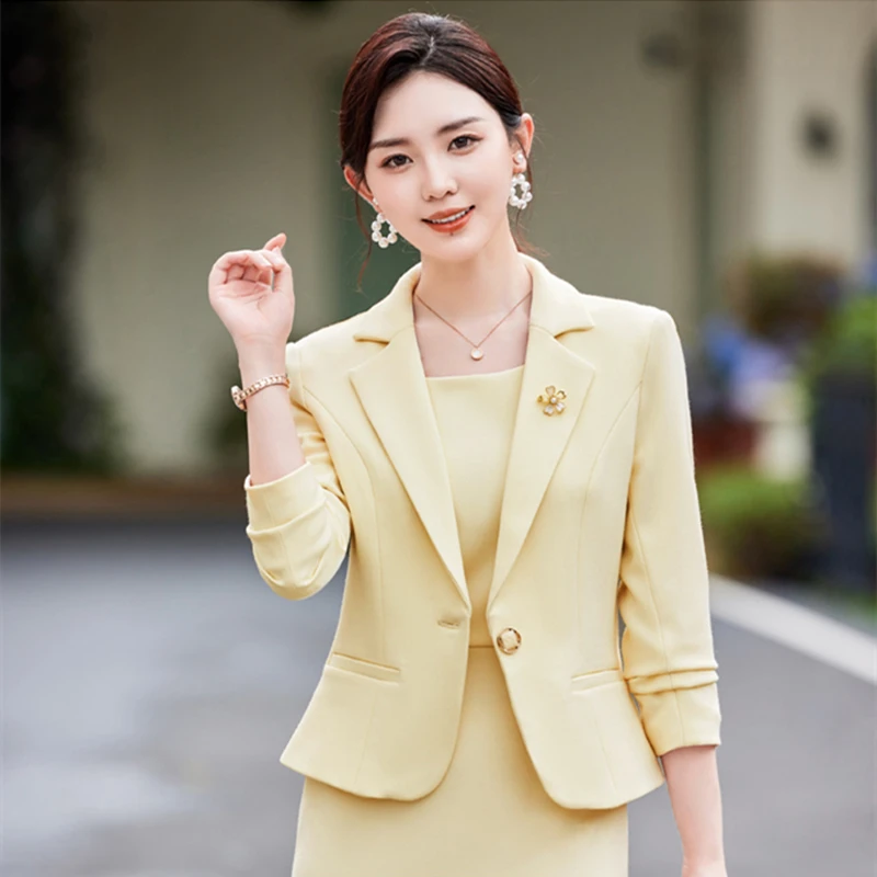 Formal Workwear Office Suit Women Long Sleeve Blazer + Slim Sleeveless Dress Set Elegant 2 Piece Set High Quality Solid Jacket