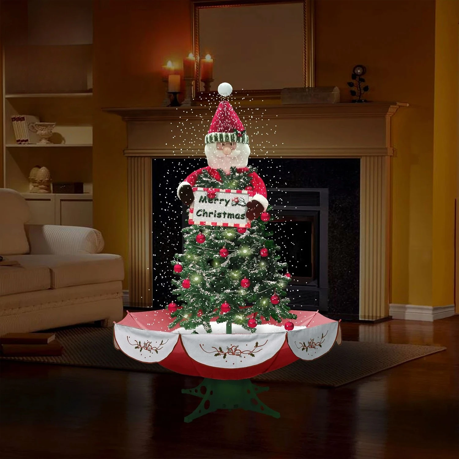 New Products Noel Natal Navidad 170cm Red White Snowman Umbrella Shape Base Led Lighted Electric Christmas Snowing Tree