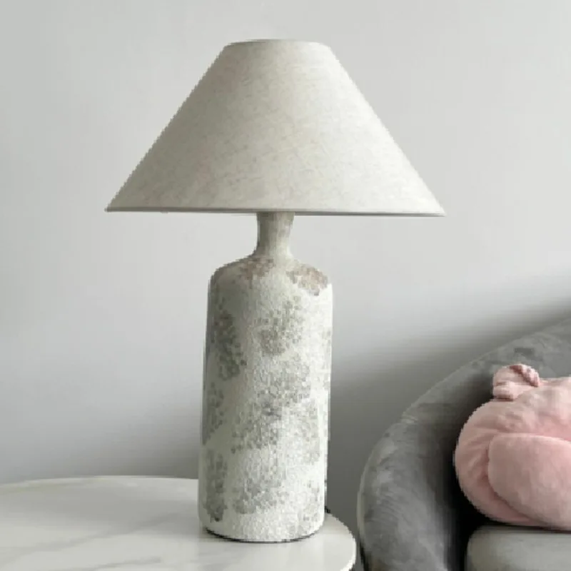 Elegant Wab-Sabi Ceramic Large Desk Lamp Soft Grey Fabric Shade Nordic Design Style Custom Packing Indoor Use Electric Power