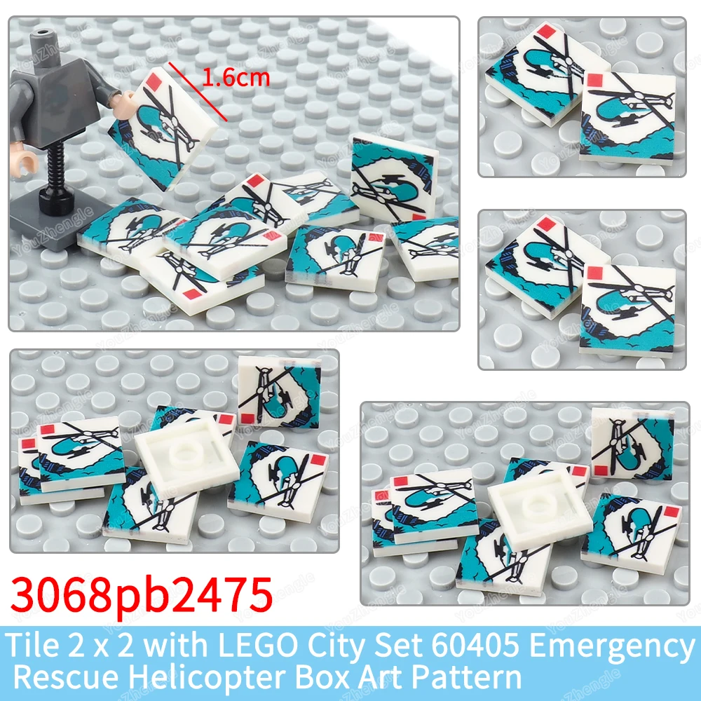 Emergency Rescue Helicopter Printed Pattern Building Block 2x2 Tiles 3068 Parts MOC Figures Equipment Accessories Model Gift Toy