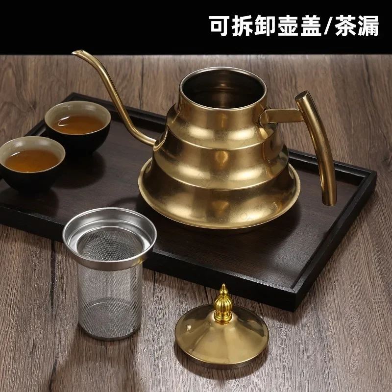 Vintage Stainless Steel Teapot Golden Restaurant Brewing Teapot with Filter Coffee Pot Soup Kettle Hot Water Kettle