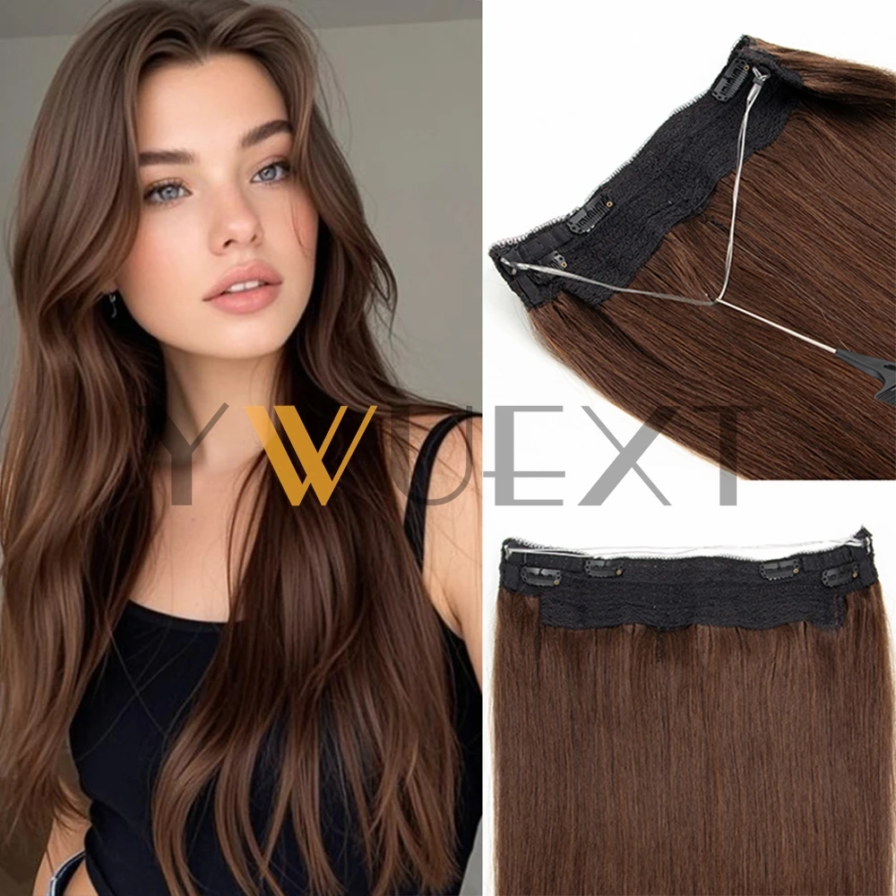 

YWUEXT Коричневые заколки в цельном наращивании человеческих волос с регулируемой рыбьей проволокой, 12-24 дюйма, наращивание волос Halo, откидывающиеся вставки, 60-100 г