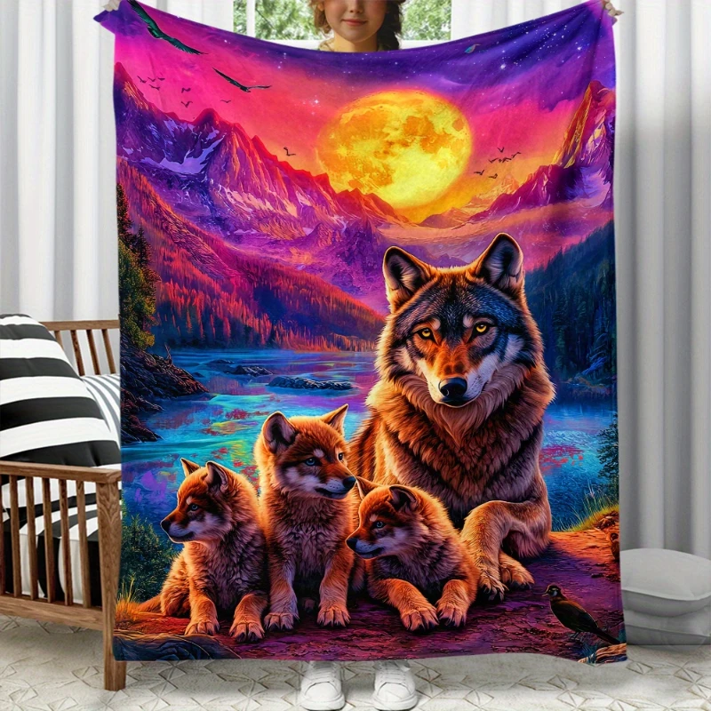 Moon Mountain Three Wolves Art Throw Blanket,Warm Lounge,Study Decor,Birthday Anniversary Wild Stylish Household Souvenir