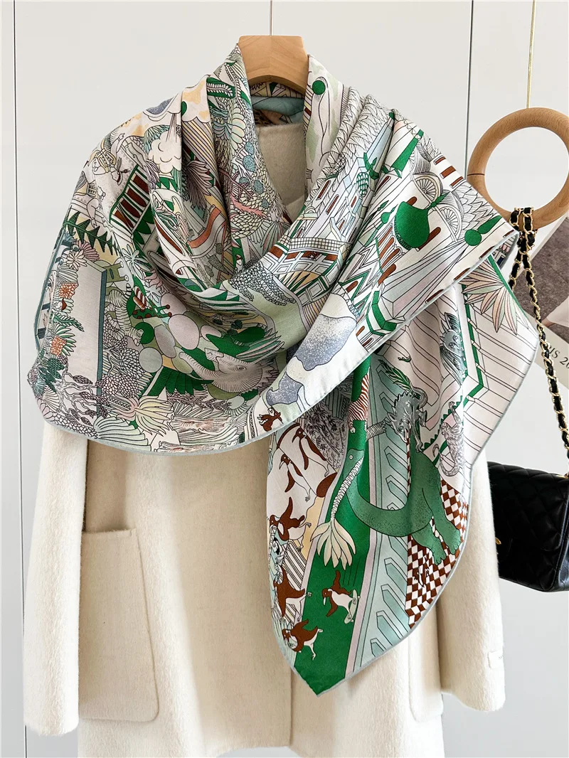 공장 직영 럭셔리 대형 여성용 스카프 패션 브랜드 여성 프린트 실크 울 반다나 스카프