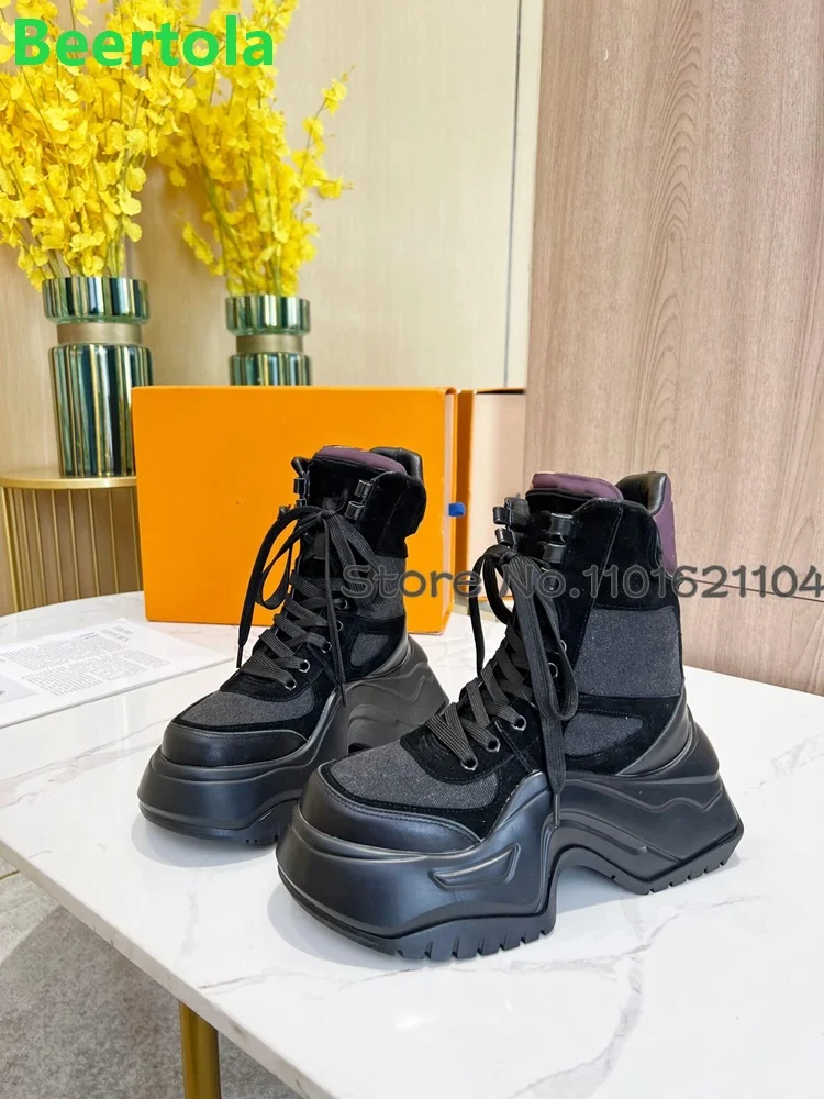 Thick Sole Lace-up Short Boots For Female Women 2024 Winter New Round Toe Mixed Colors Luxury Fashion Design Sport Style Shoes