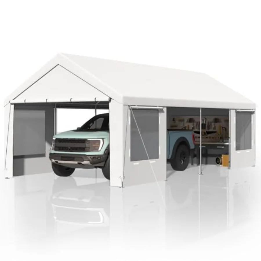 Carport, Feet Heavy Duty Carport with Roll-up Windows Portable Garage with Removable Sidewalls, Car Canopy with Sandbags and Al